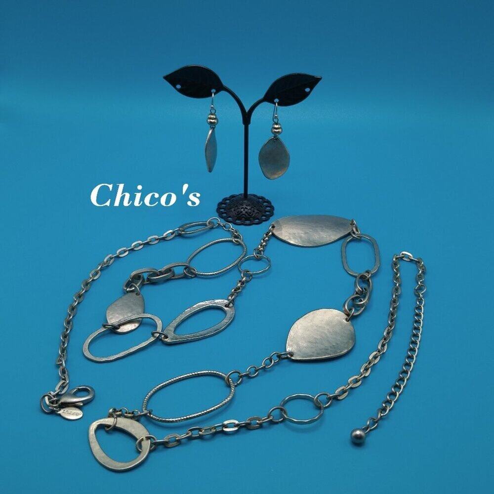 Chico's Necklace Belt Combo Matching Earrings, Hammered Silver Tone, Belt 43"